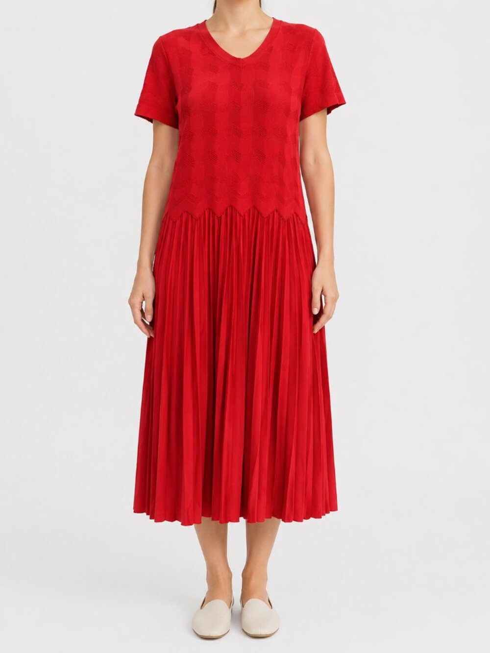 Salvatore Ferragamo Red Knit Pleated Midi Dress M-L